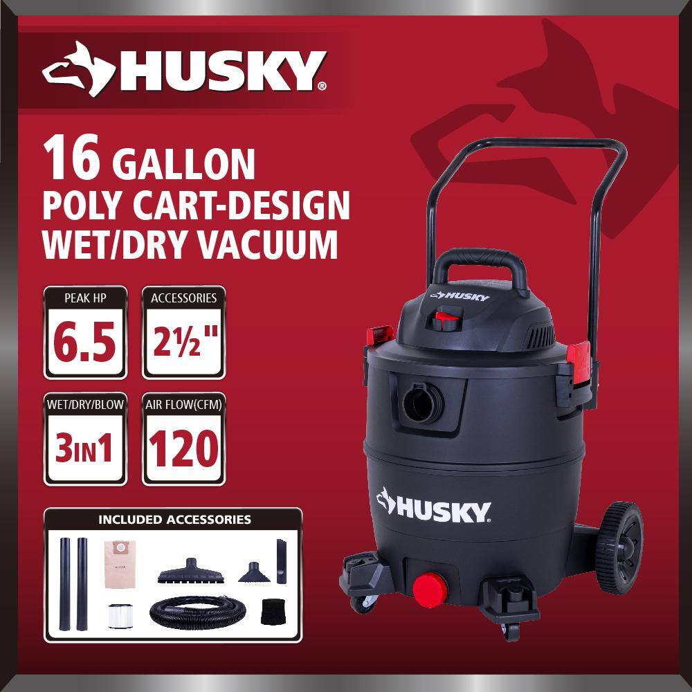 Husky 16 Gal. Poly Cart-Design WetDry Vac with a Cartridge Filter Hose and Accessories AT18621P-16A