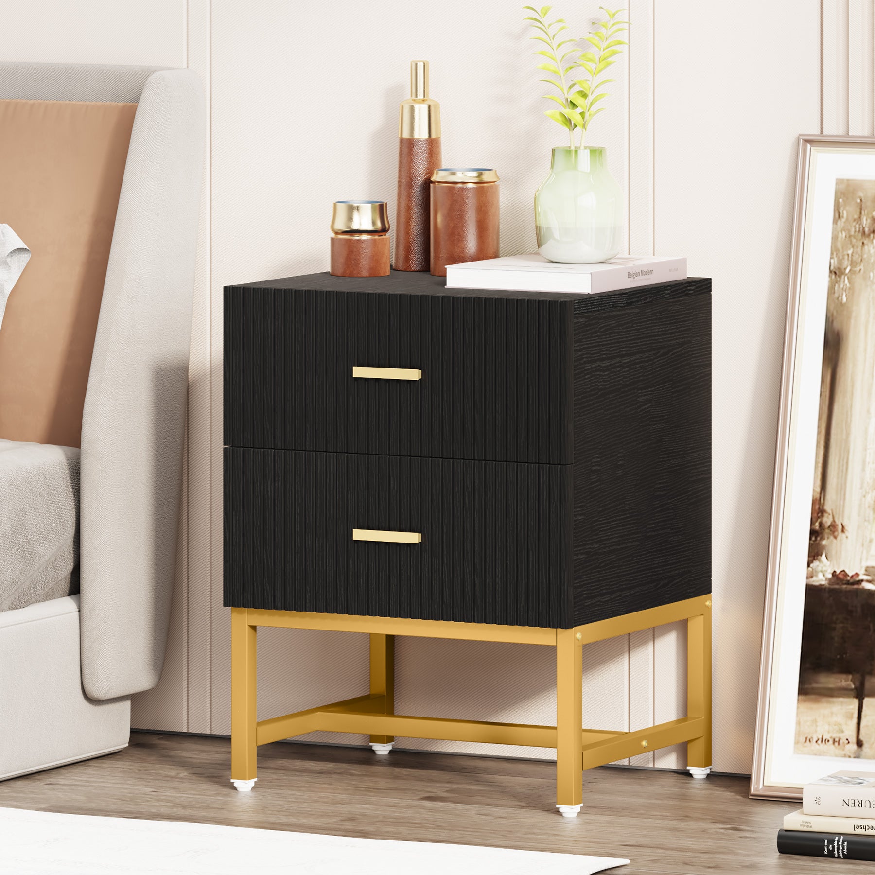 2-Drawer Nightstand, Modern Bedside End Table with Storage