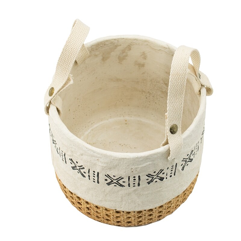 A B Home Natural Base Planters with Print Trim Cotton Handles (Set of 2)