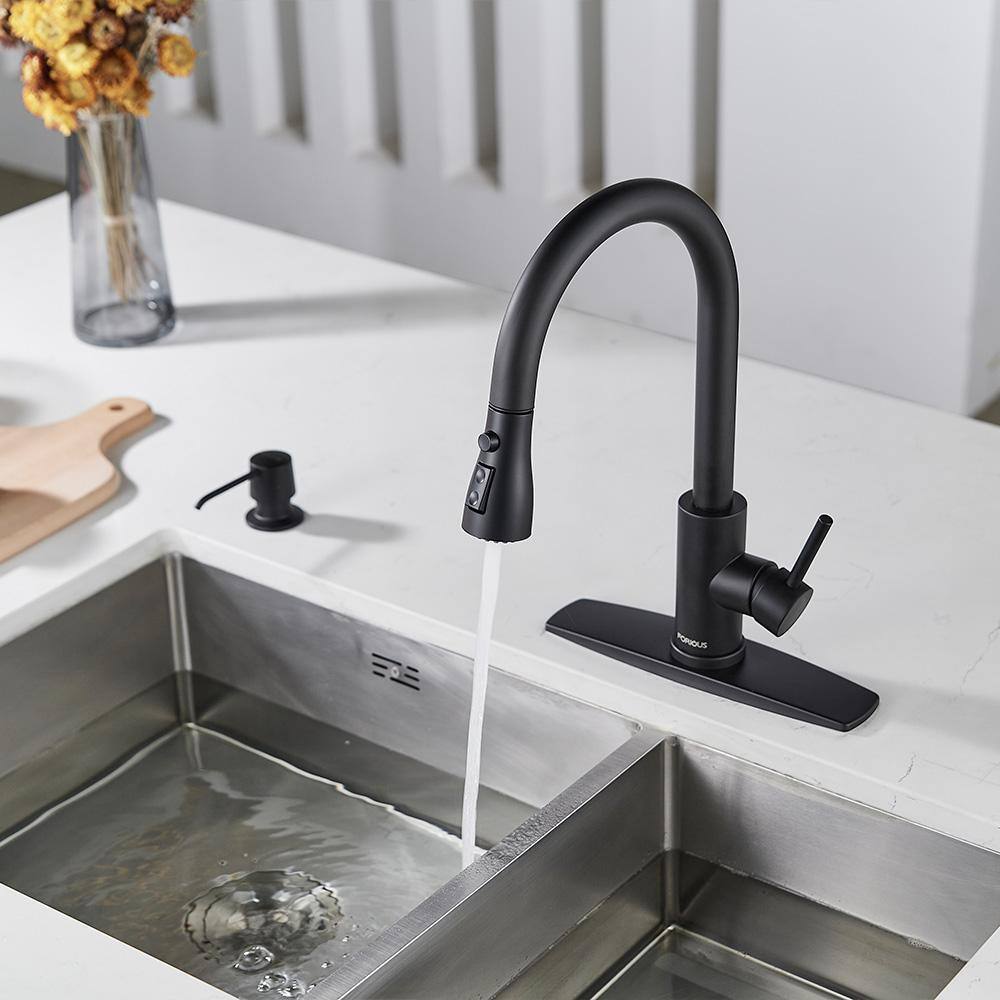 FORIOUS Single-Handle Kitchen Faucet with Pull Down Sprayer High-Arc Kitchen Sink Faucet with Deck Plate in Matte Black HH0023CB