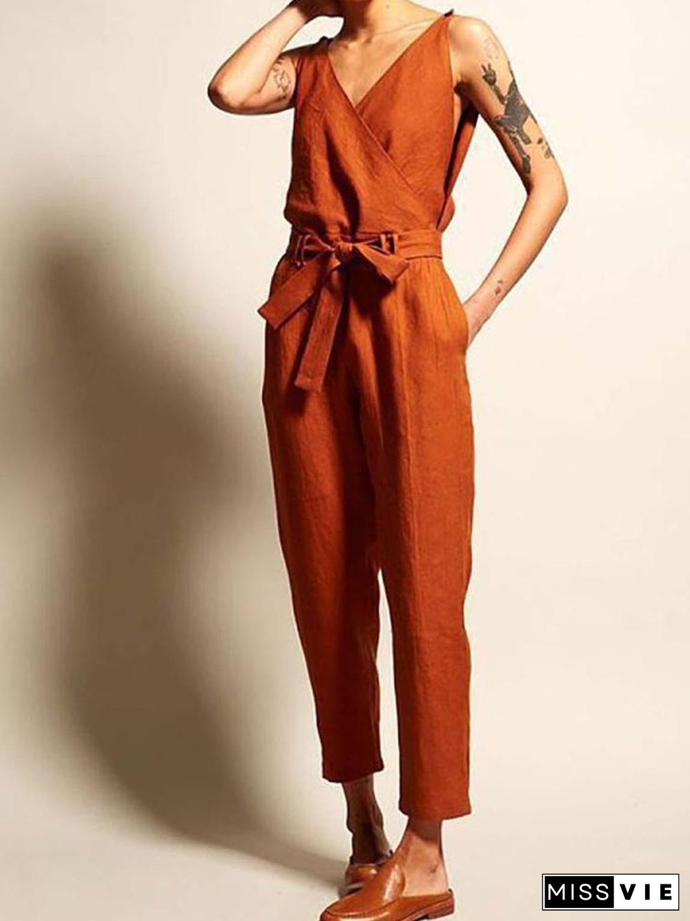 V-Neck Waistband Women's Casual Jumpsuit