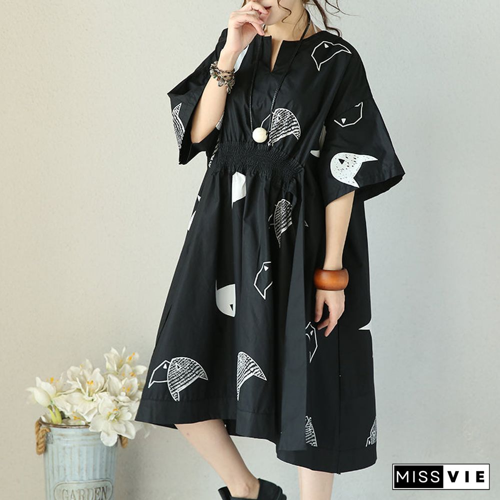 fashion black natural cotton dress plus size clothing tie waist Cinched traveling clothing women v neck cotton caftans