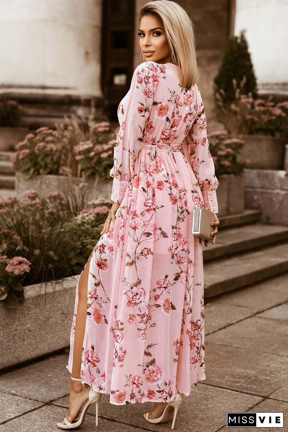 Pink Floral Long Sleeve Side Split High Waist Bohemia Maxi Dress