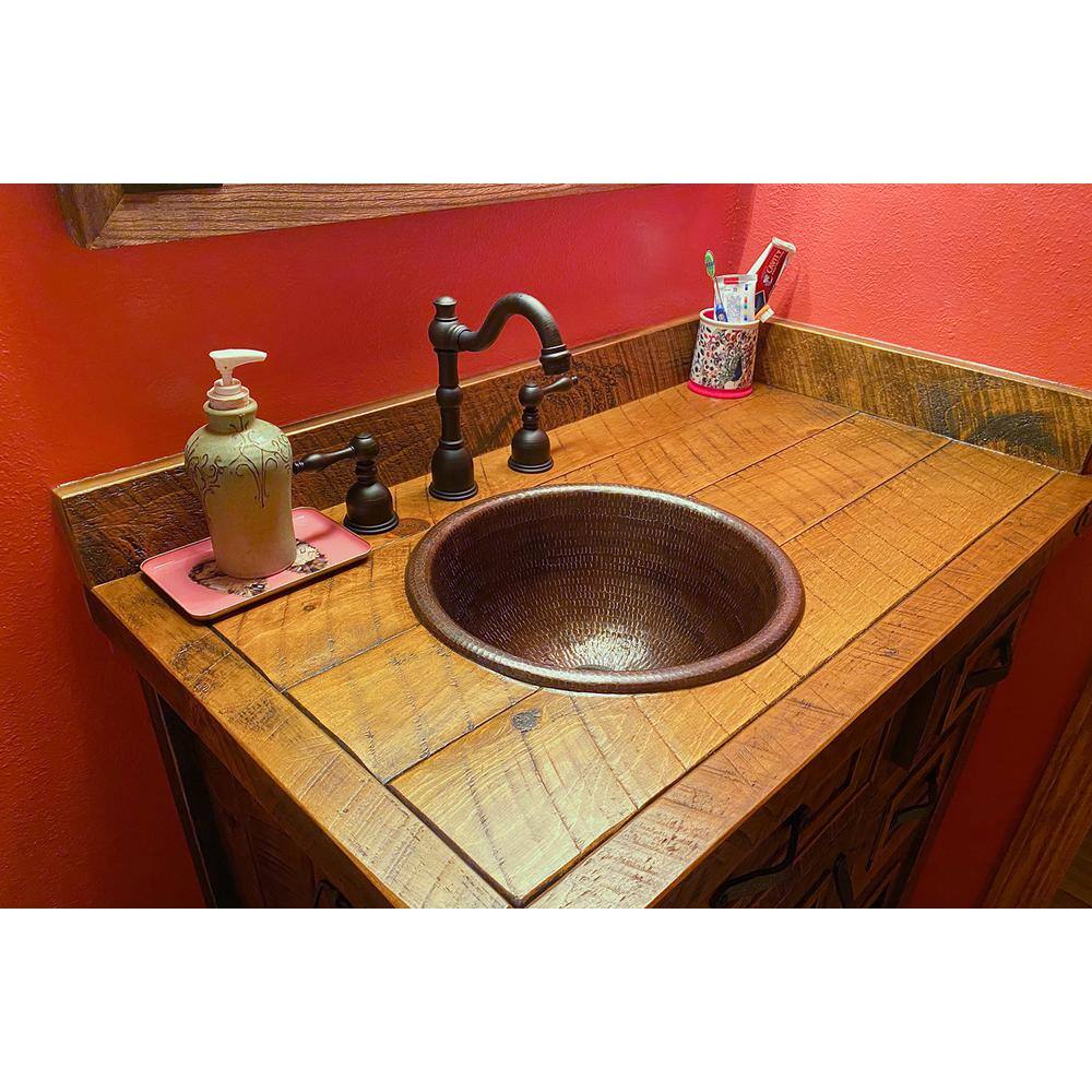 Premier Copper Products Self-Rimming Small Round Hammered Copper Bathroom Sink in Oil Rubbed Bronze LR14RDB