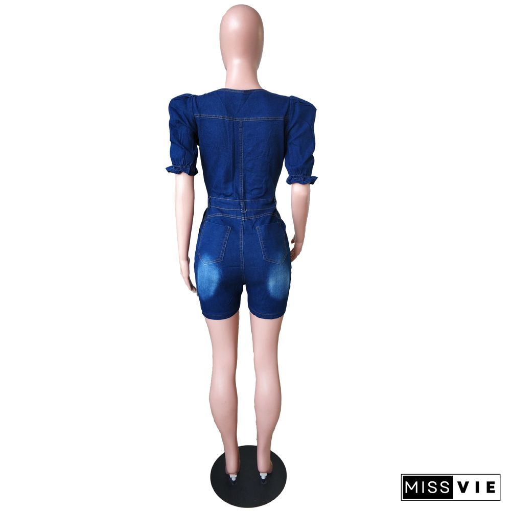 New Summer High Waist Slim Square Collar Short Sleeve Button Bodycon Women's Denim Romper