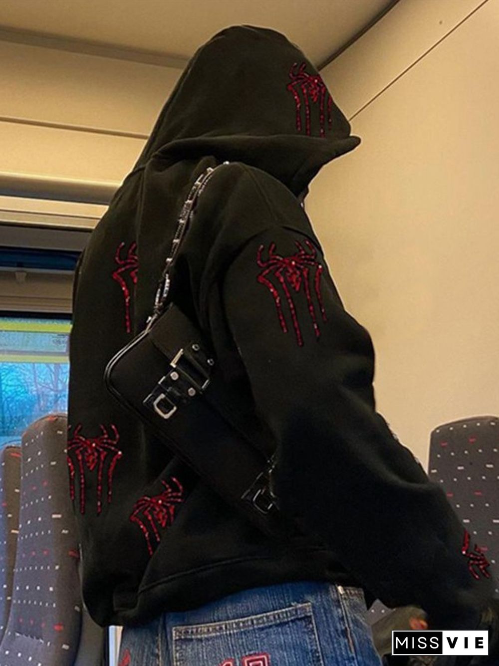 Rhinestone Spider Zip Up Hoodie