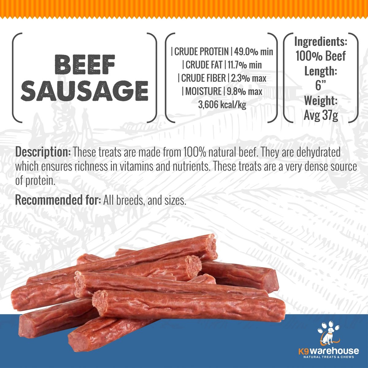 K9warehouse Beef Sausage Natural Dog Treats， 6 count