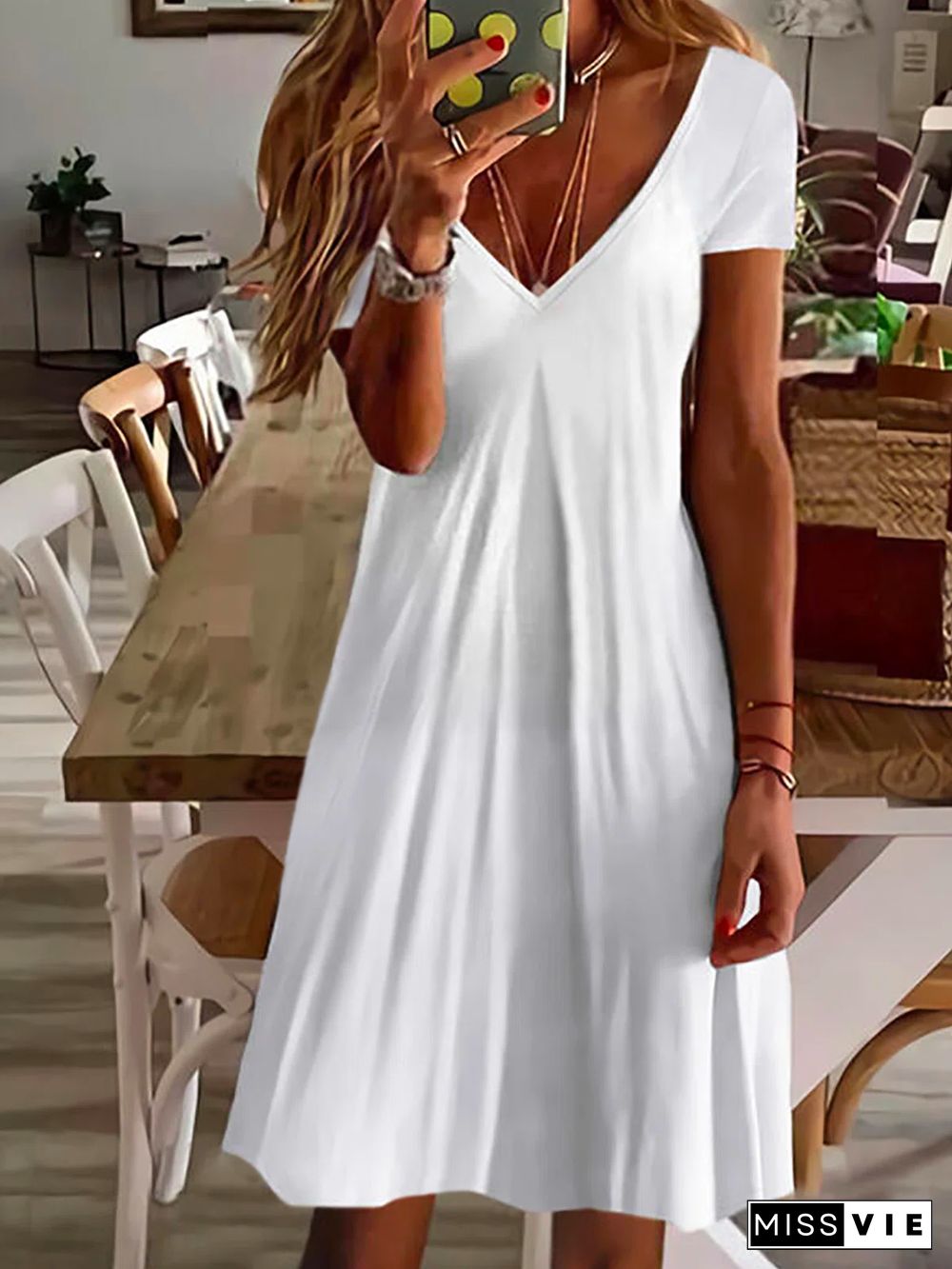 Plus size V Neck Plain Casual Short Sleeve Dress