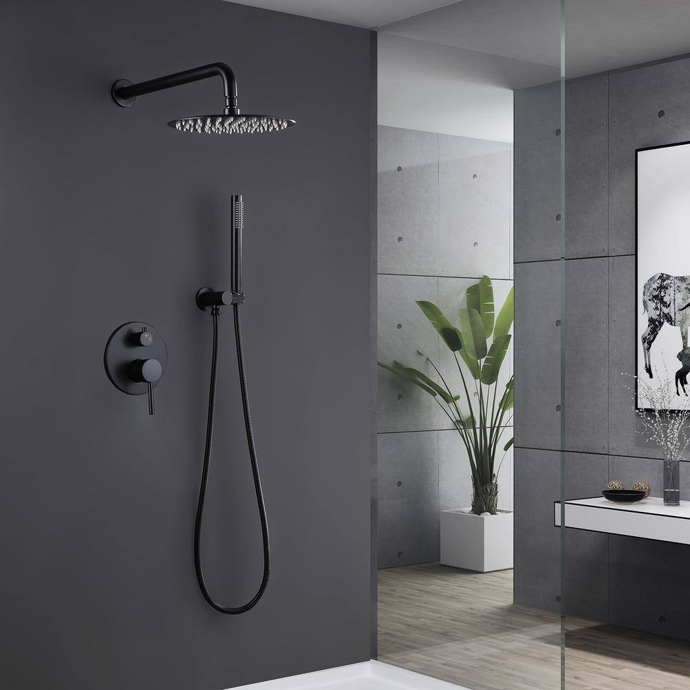 WELLFOR 1-Spray Patterns with 2.5 GPM 10 in. Wall Mounted Dual Shower Heads in Matte Black (Valve Included) WB-H#RB0824