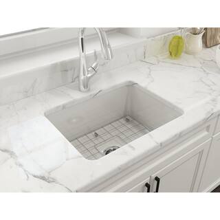 BOCCHI Sotto White Fireclay 24 in. Single Bowl UndermountDrop-In Kitchen Sink wProtective Bottom Grid and Strainer 1627-001-0120