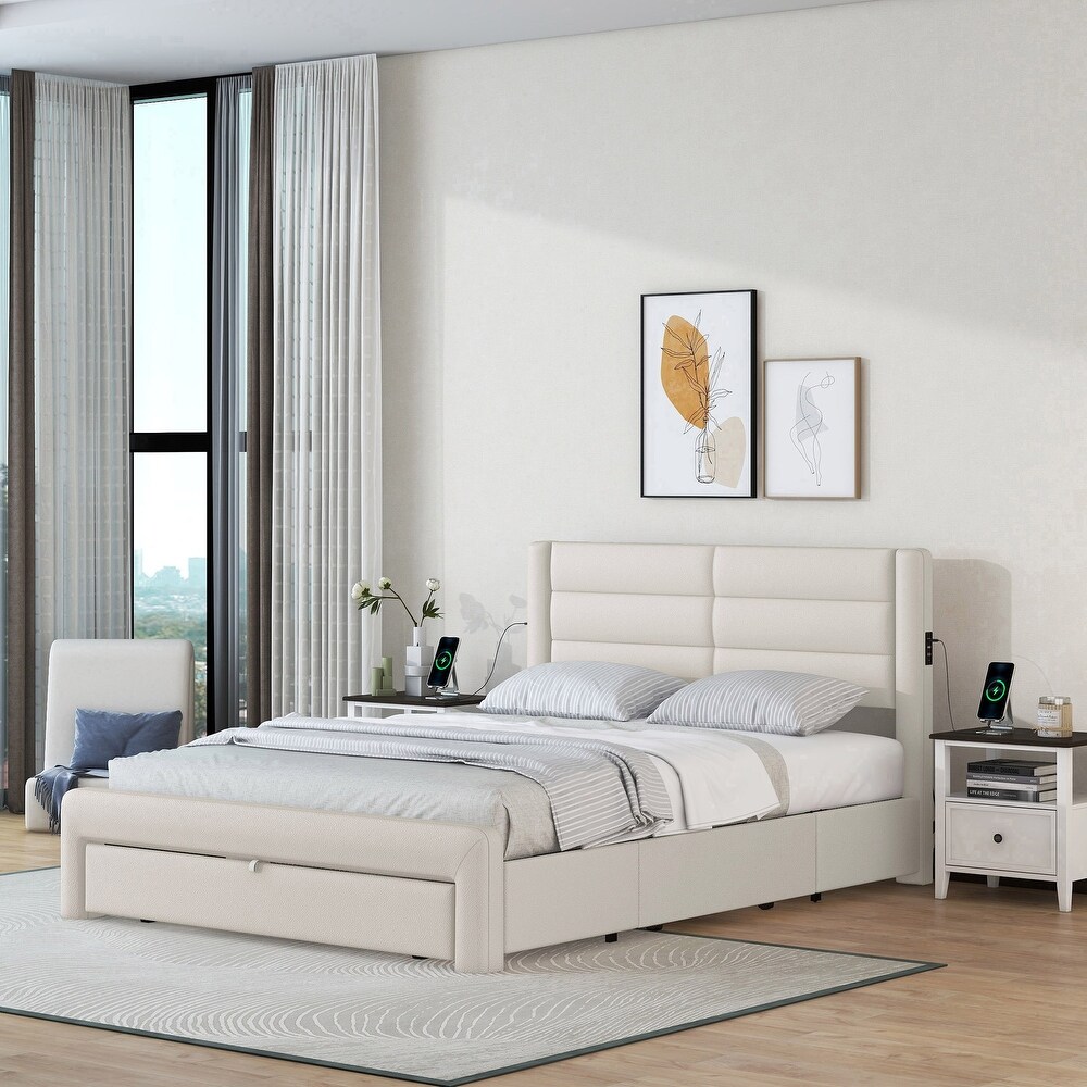 Queen Size Platform Bed Frame with Drawers Storage  Leather Upholstered Platform Bed Frame with Charging Station