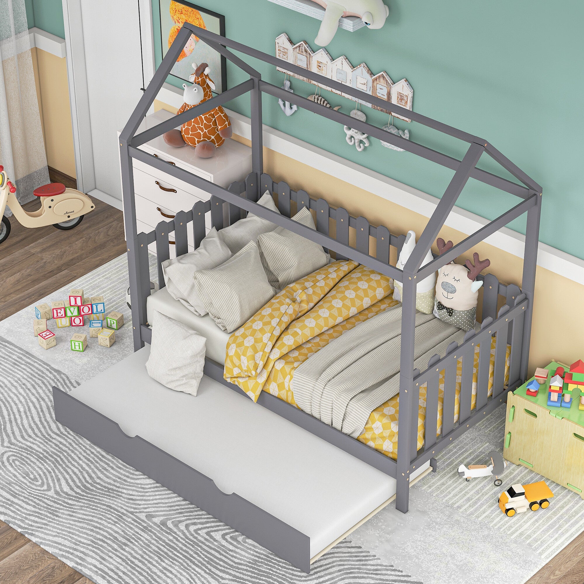 OVERDRIVE Twin Size House Bed Toddler for Kids Wood Frame with Trundle, Fence-Shaped Guardrail, Gray