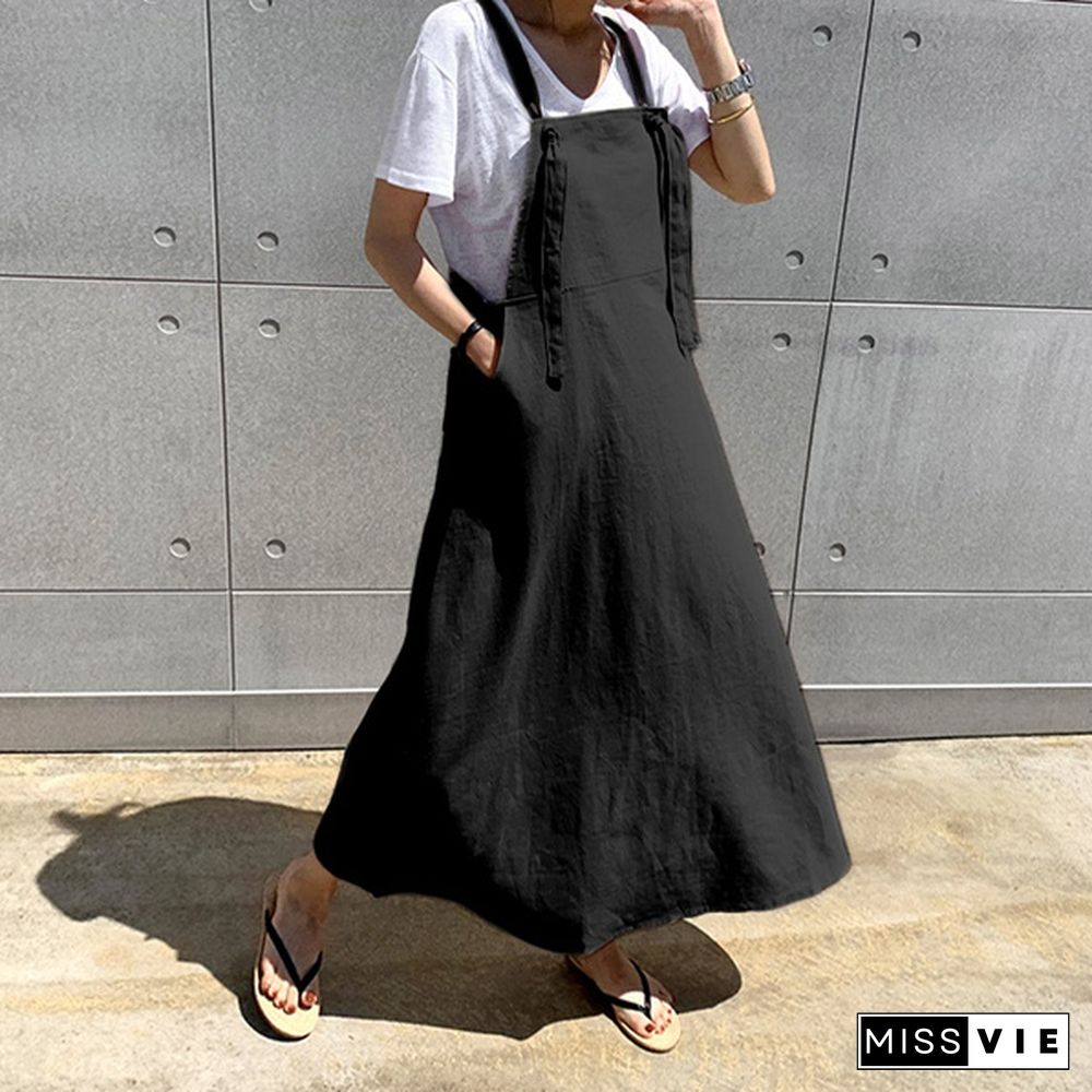 Women Summer Plus Size Strappy Maxi Sundress Loose Solid Pinafore Overalls Holiday Dress Oversized