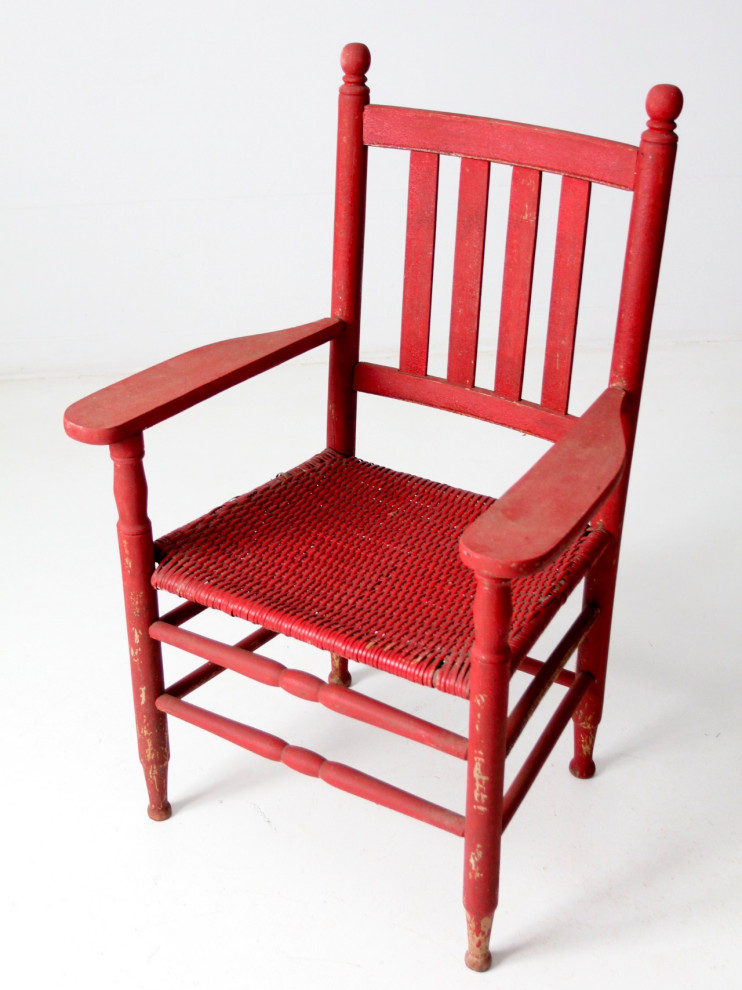 Consigned  Antique Red Wicker Seat Arm Chair   Farmhouse   Dining Chairs   by 86 Vintage  Houzz