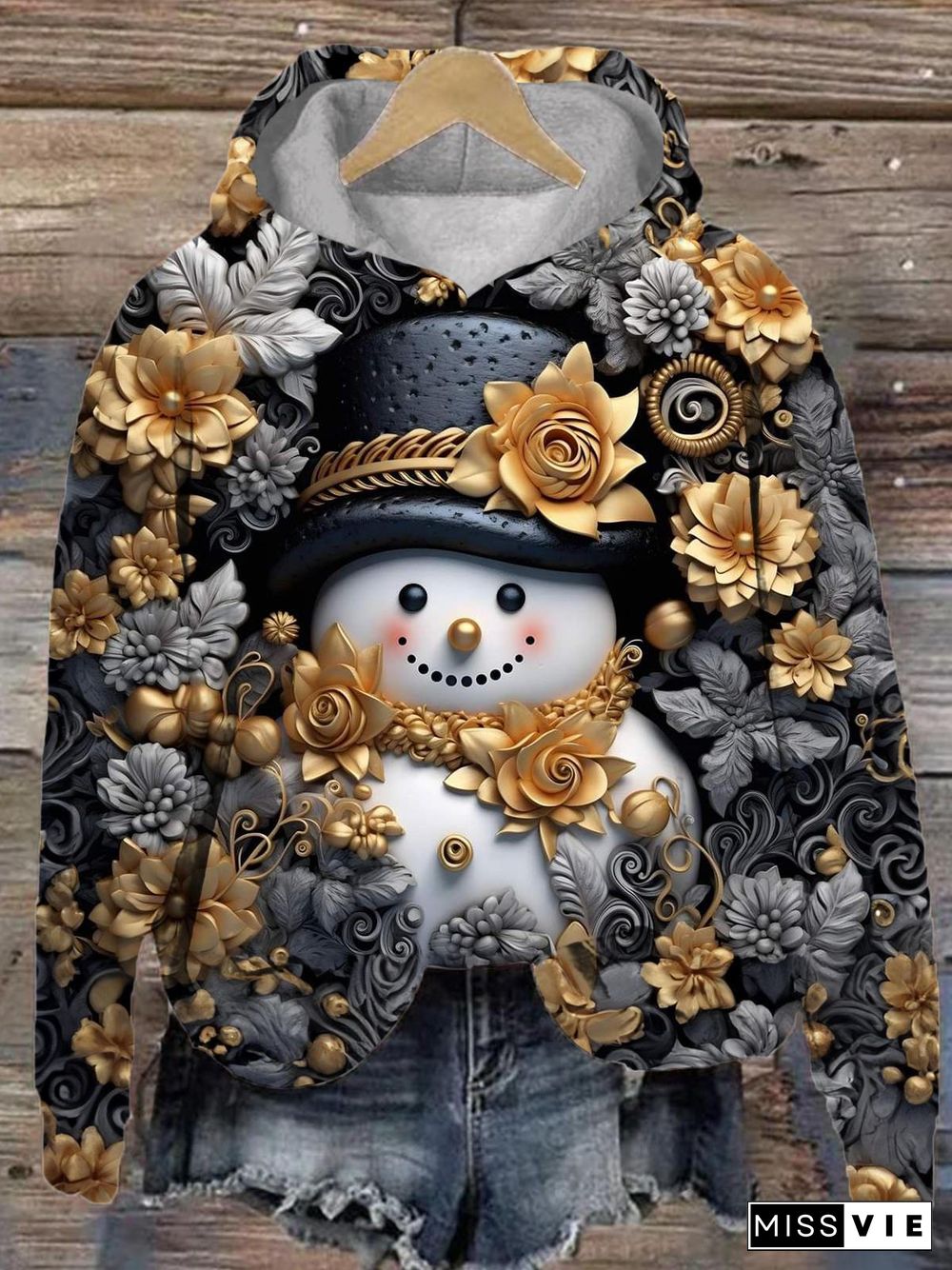 Floral Top Hat Snowman Long Sleeve Hoodie