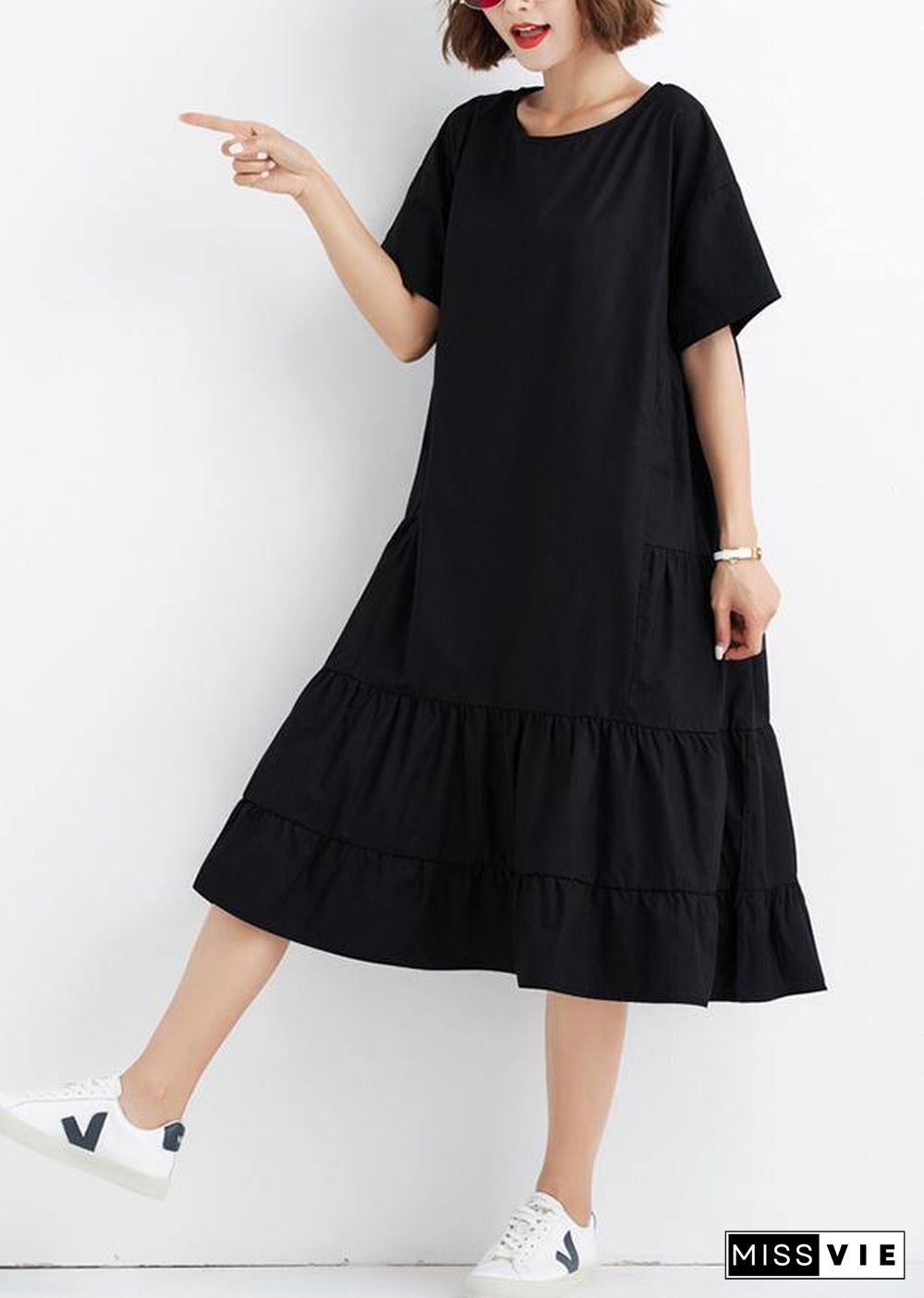 Women black ruffles cotton Wardrobes short sleeve cotton Dresses