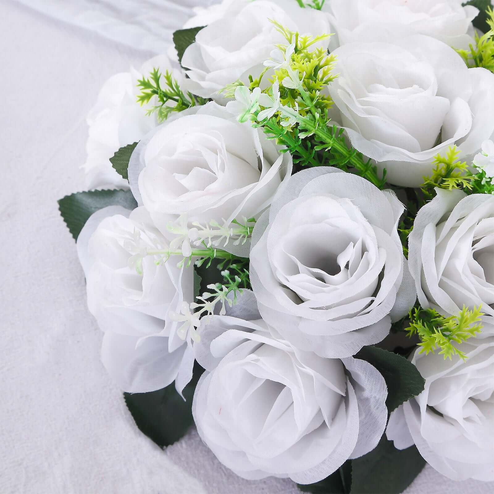 2 Pack White Artificial Flower Ball Bouquets For Centerpieces 15-Head Silk Rose Kissing Balls 10