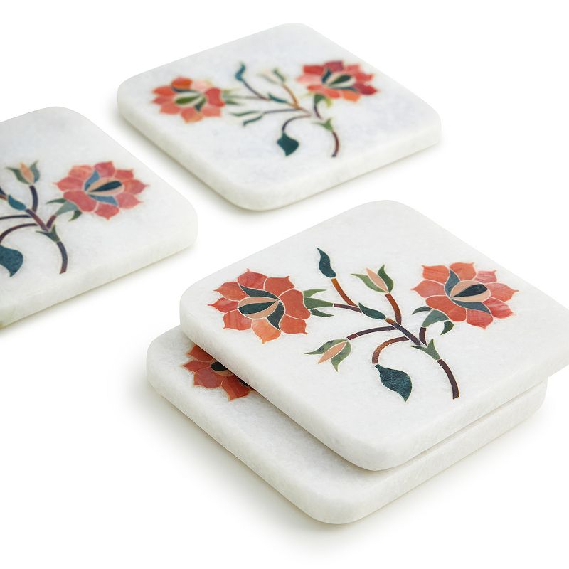 Oriental Bloom Marble Coasters， Set of 4