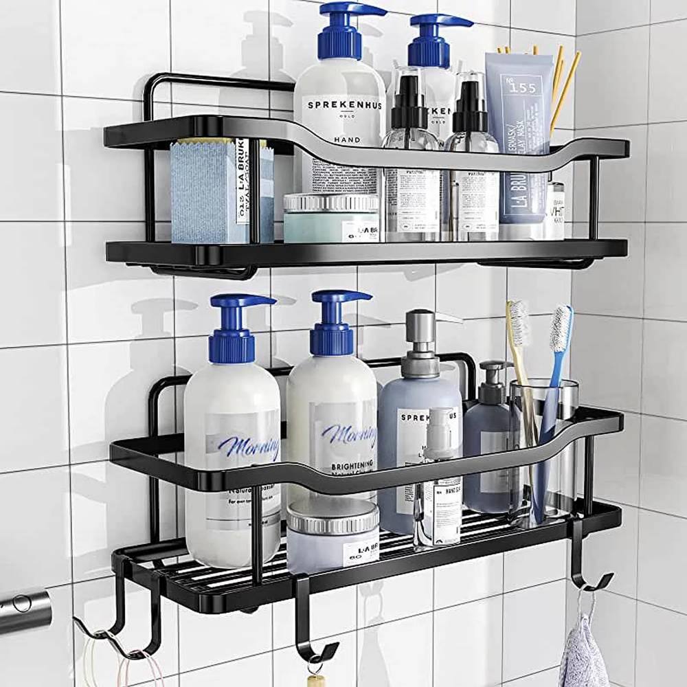 Dyiom Iron Shower Caddy Bathroom Shelf with Hooks Shower Basket Organizer Toilet Kitchen - 2 Pack in Black 1933311006