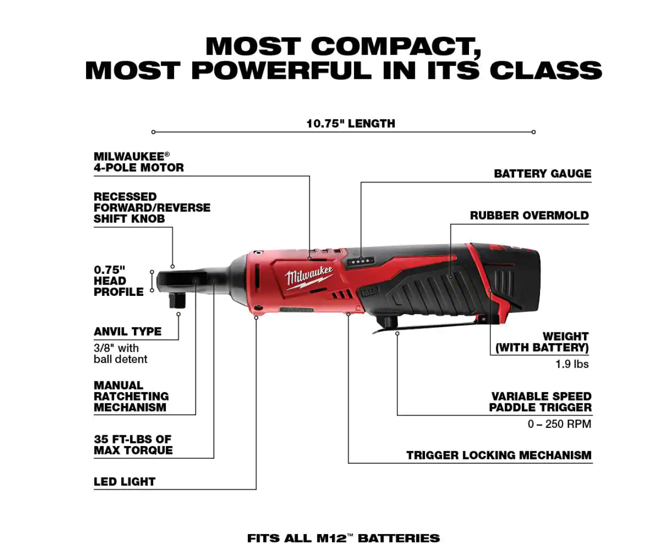 Milwaukee 2457-21 M12 12-Volt Lithium-Ion Cordless 3/8 in. Ratchet Kit with One 1.5 Ah Battery， Charger and Tool Bag