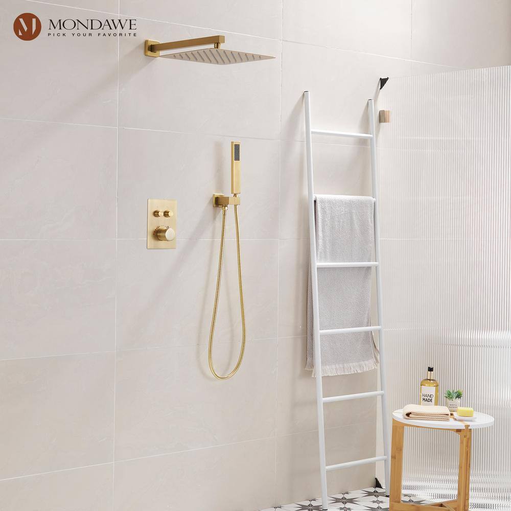 Mondawe 2-Spray Patterns 12 in. Wall Mount Rainfall Dual Shower Heads with Thermostatic Bathroom Showers in Gold WF6647-12BG