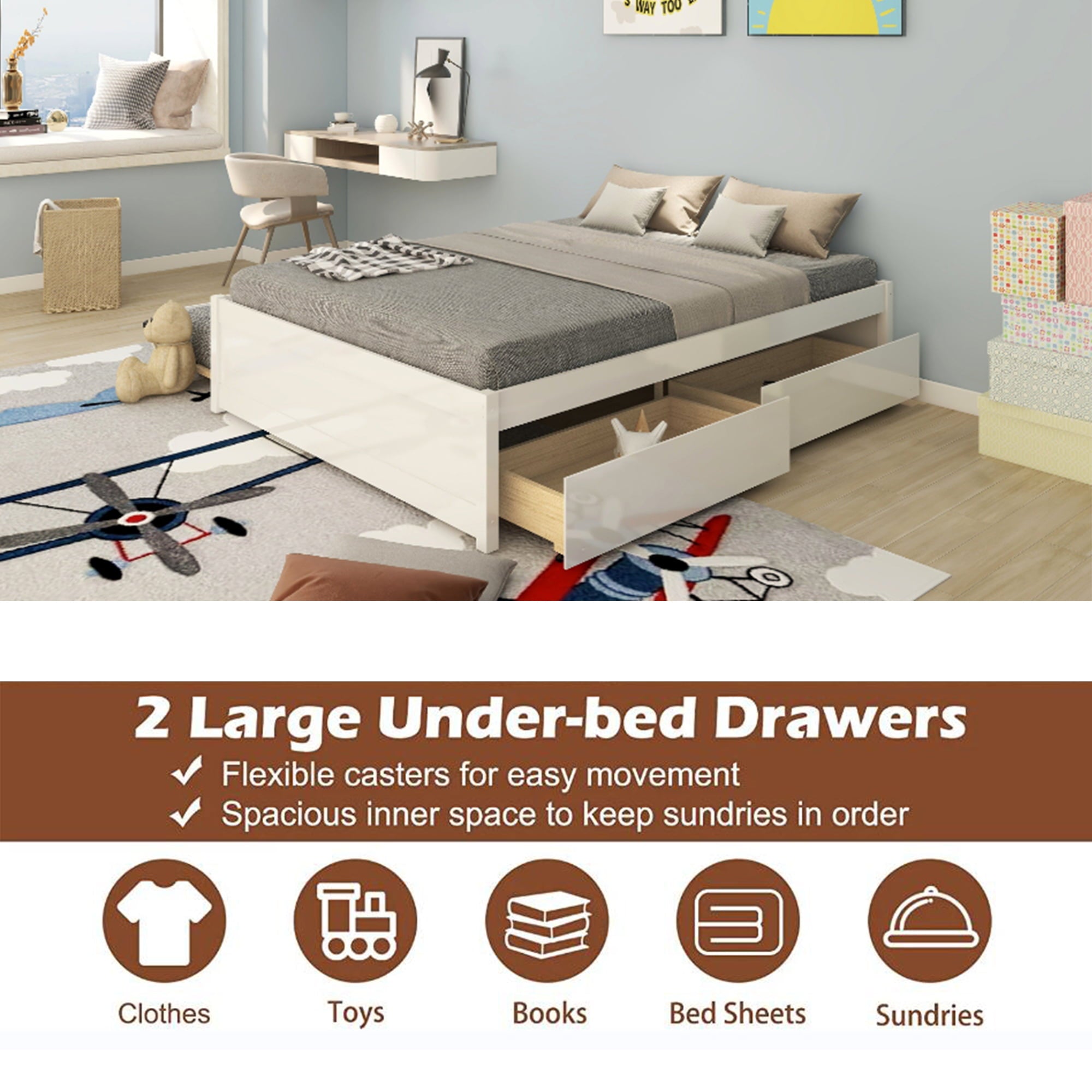 Bellemave Full Bed with Trundle and Storage, Solid Wood Full Size Platform Bed Frame with Drawers, Space-Saving Full Bed for Kids Teens and Adults (White)