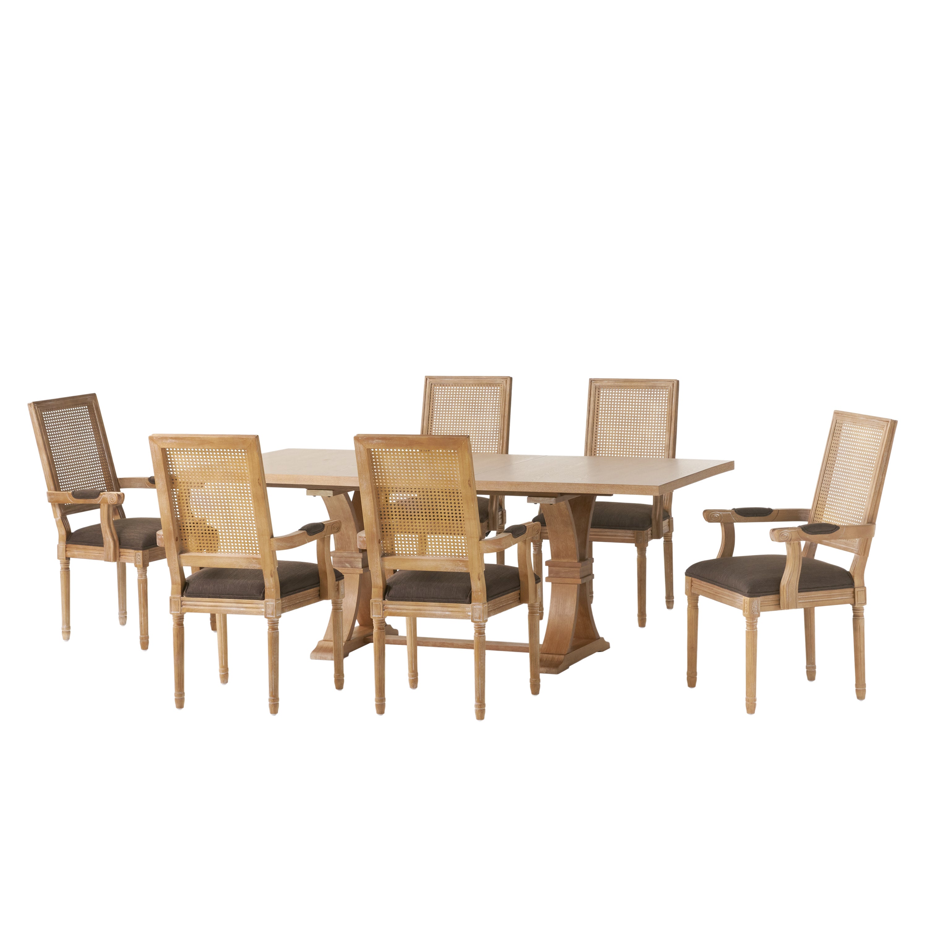 Zentner French Country Fabric Upholstered Wood and Cane 7 Piece Expandable Dining Set