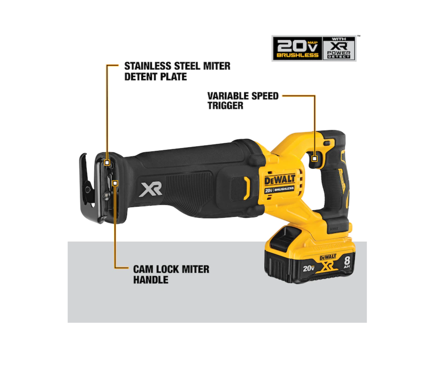 DEWALT DCS368W1 XR POWER DETECT 20-volt Max Variable Speed Brushless Cordless Reciprocating Saw (Charger Included and Battery Included)