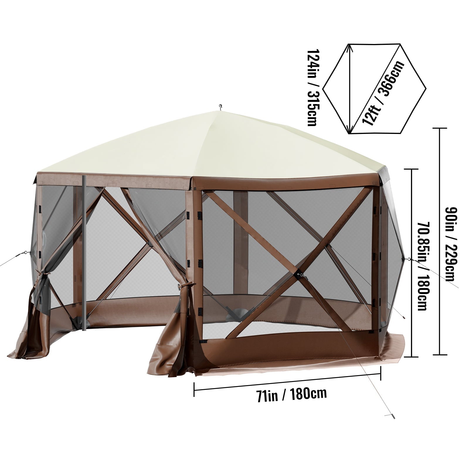 VEVORbrand Camping Gazebo Tent, 12'x12', 6 Sided Pop-up Canopy Screen Tent for 8 Person Camping, Waterproof Screen Shelter w/Portable Storage Bag, Ground Stakes, Mesh Windows, Brown & Beige