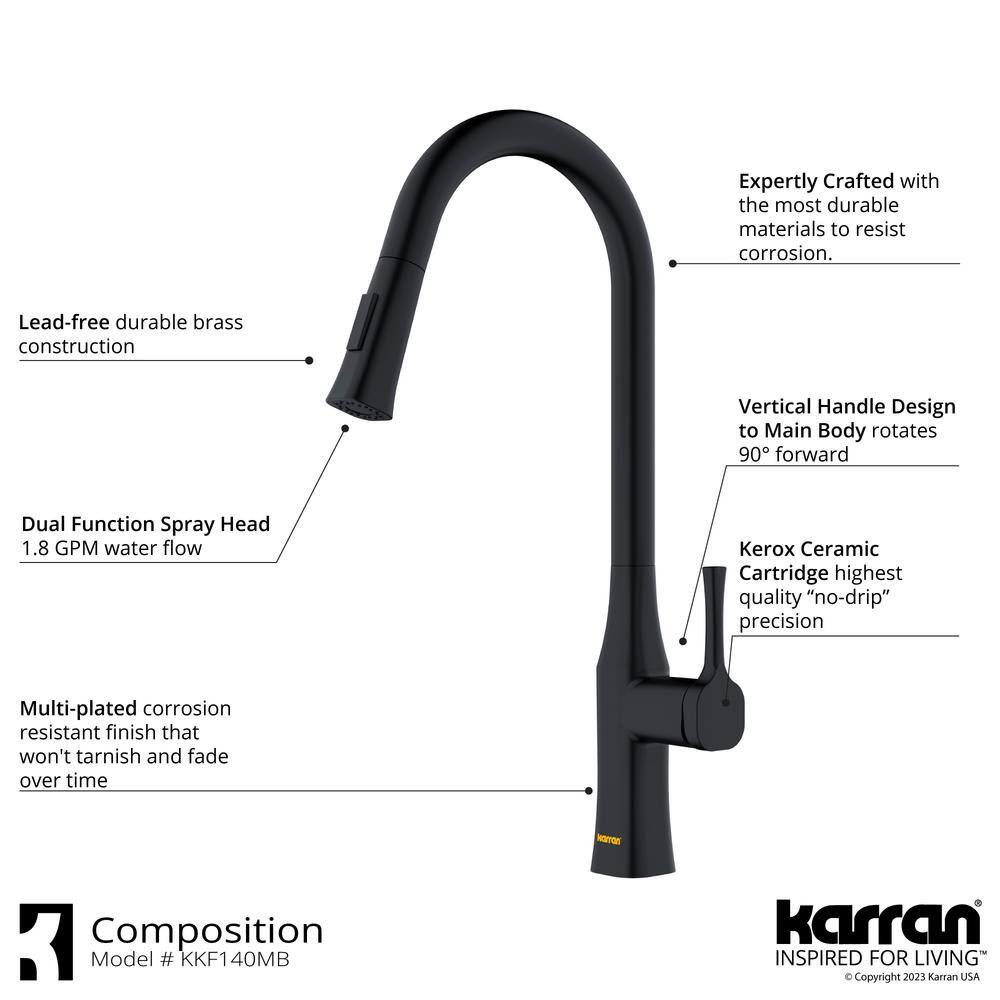 Karran Standerton Single Handle Pull-Down Sprayer Kitchen Faucet in Matte Black KKF140MB