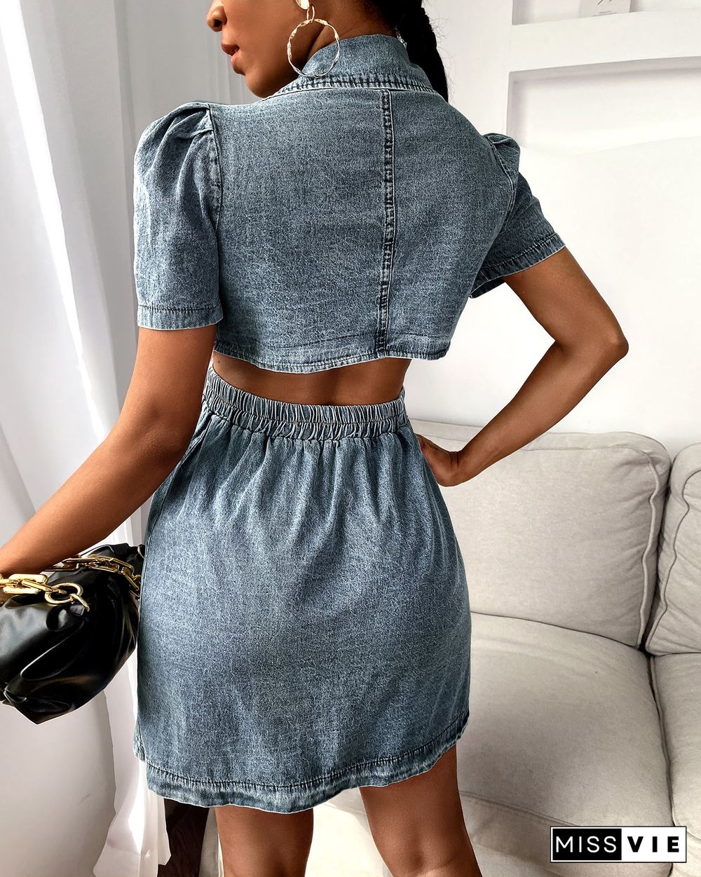 Buttoned Cutout Denim Bodycon Dress