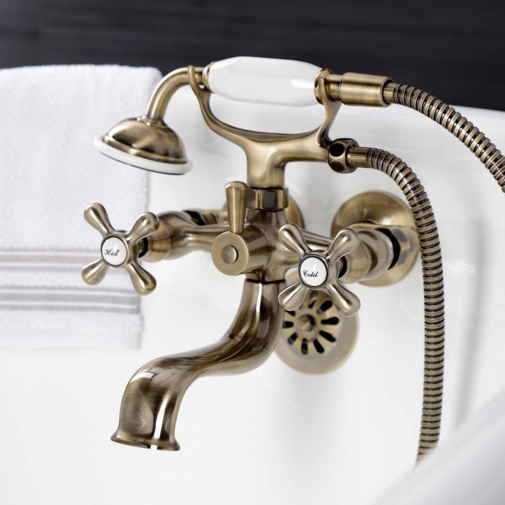 Kingston Brass Kingston 2-Handle Wall-Mount Clawfoot Tub Faucets with Handshower in Antique Brass HKS225AB