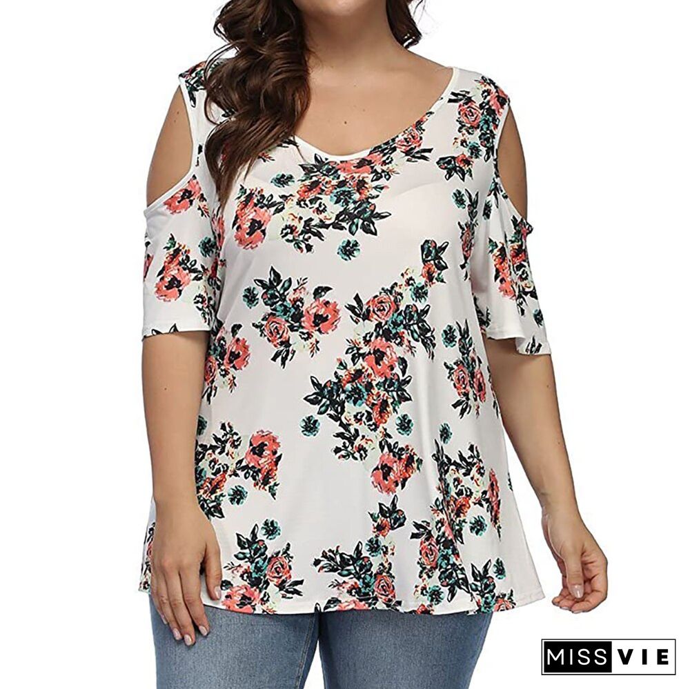 5XL Plus Size Women Floral Print Round Neck Tops and Blouse Lady Hollow Out Half Sleeve Summer Casual Female Loose T Shirts D30