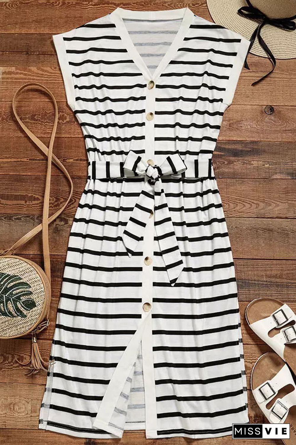 Striped Button Slit Tie V-Neck Midi Dress