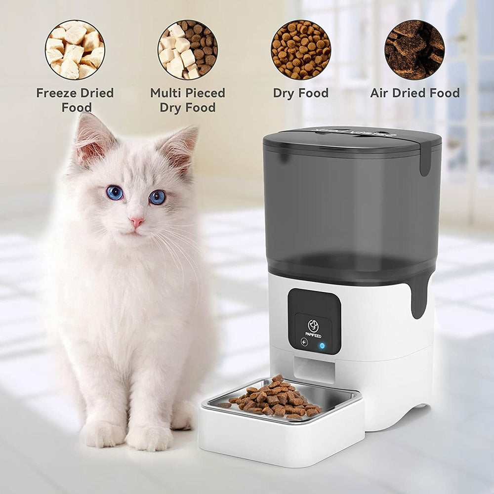 Automatic cat feeder， smart dry food dispenser with 2.4G Wifi and app control， removable pet feeder for cleaning， up to 30 meals a day， for cats， medium dogs and multiple pets