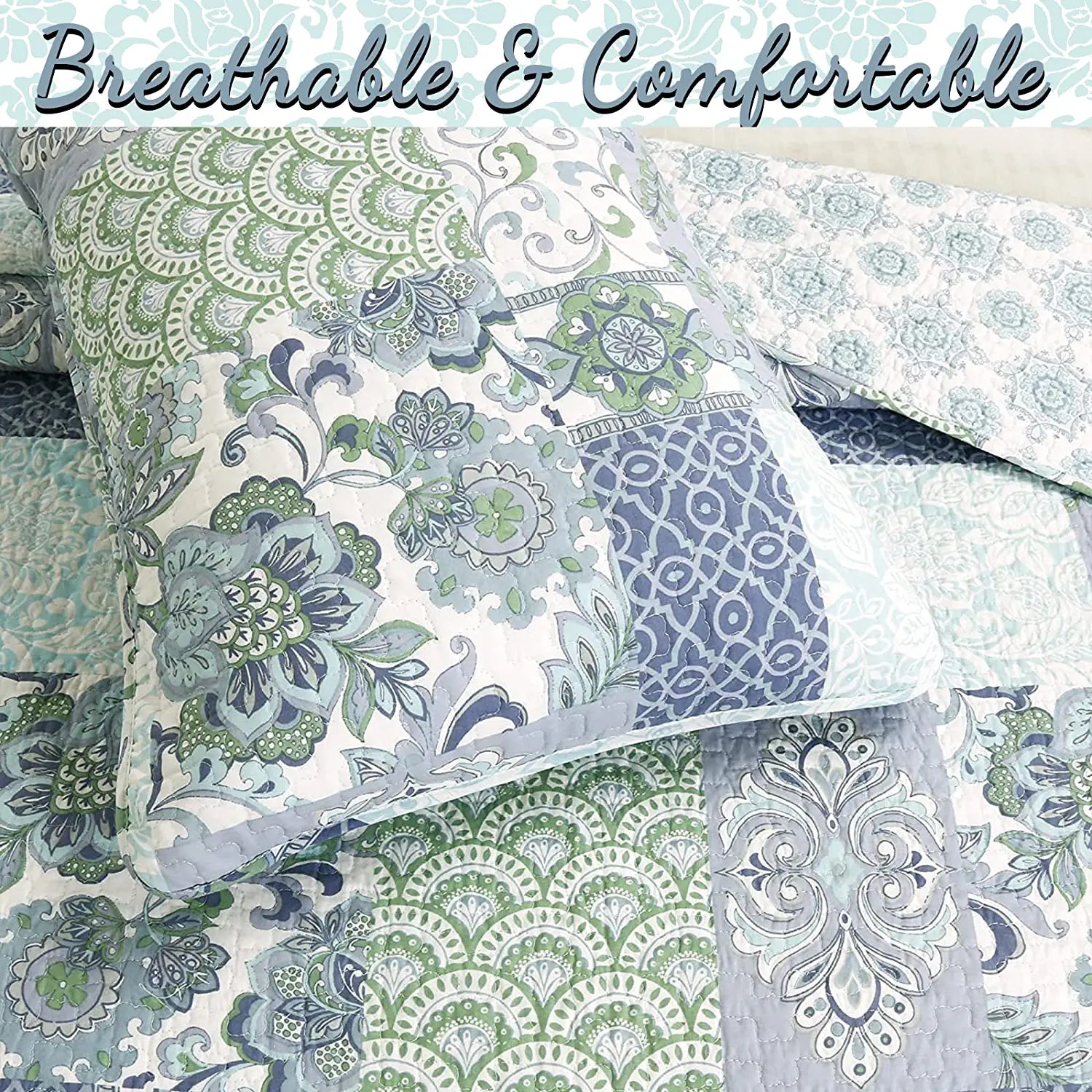 Cozy Line Home Fashions Windfall Blue Green Floral 3-Piece 100% Cotton Quilt Bedding Set， King