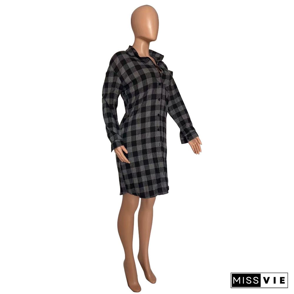 Plaid Print Long Sleeve Shirt Midi Dress