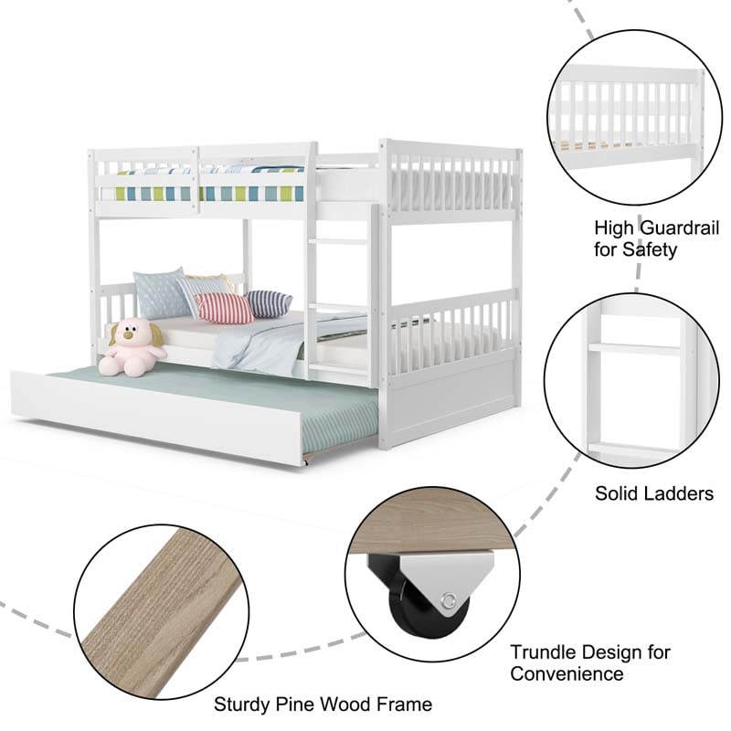 Solid Wood Full Over Full Bunk Bed Frame with Trundle, Safety Ladder & Guardrails, Convertible Bunk Bed for Kids Teens