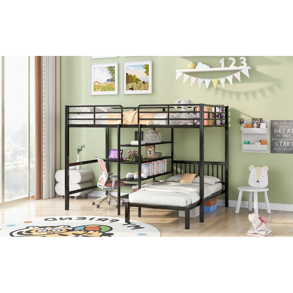 Full Over Twin Metal Bunk Bed  L Shaped Loft Bed Frame with Built in Desk  Shelves  Ladder  Storage Shelves  Black