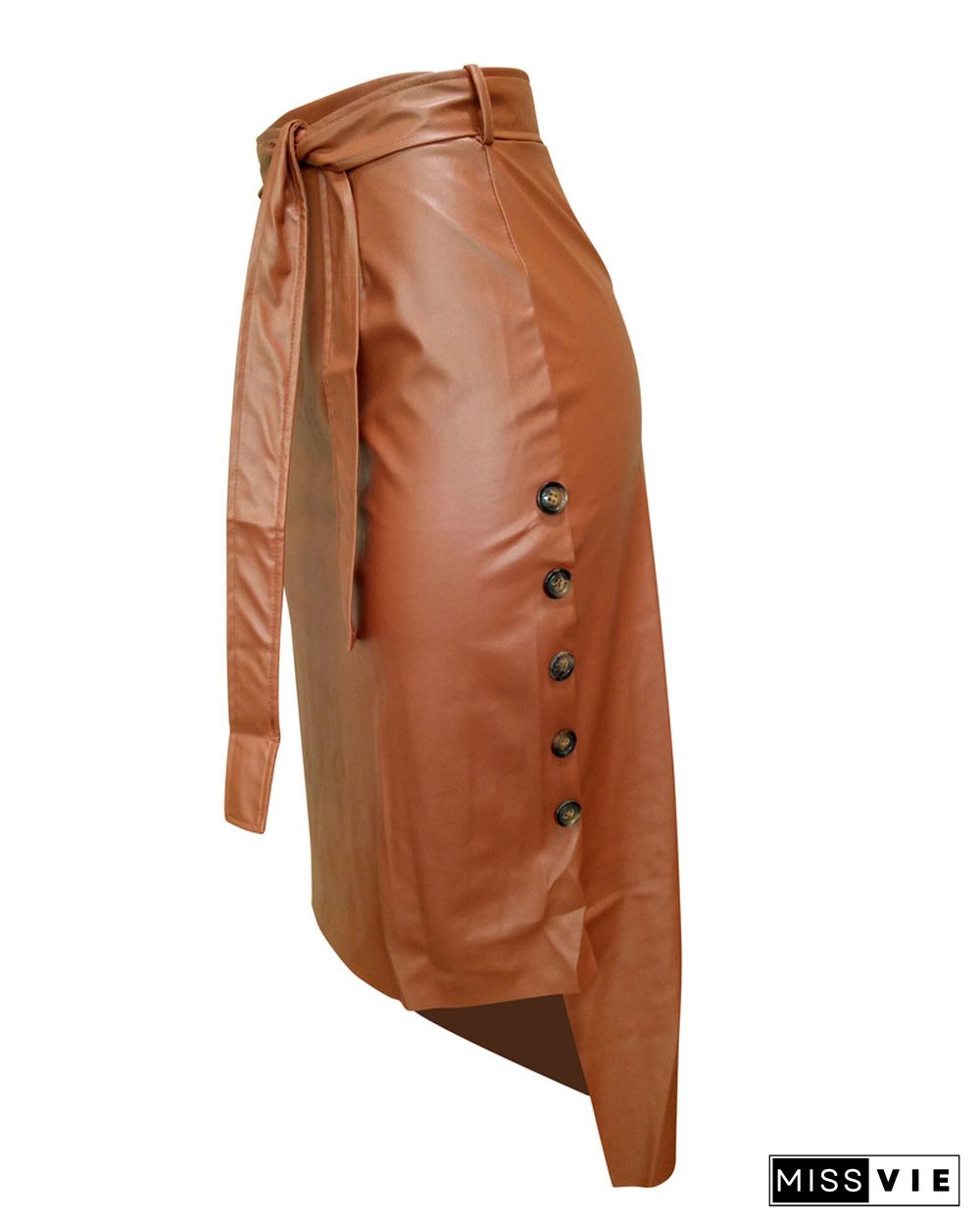 Buttoned Slit PU Leather Midi Skirt