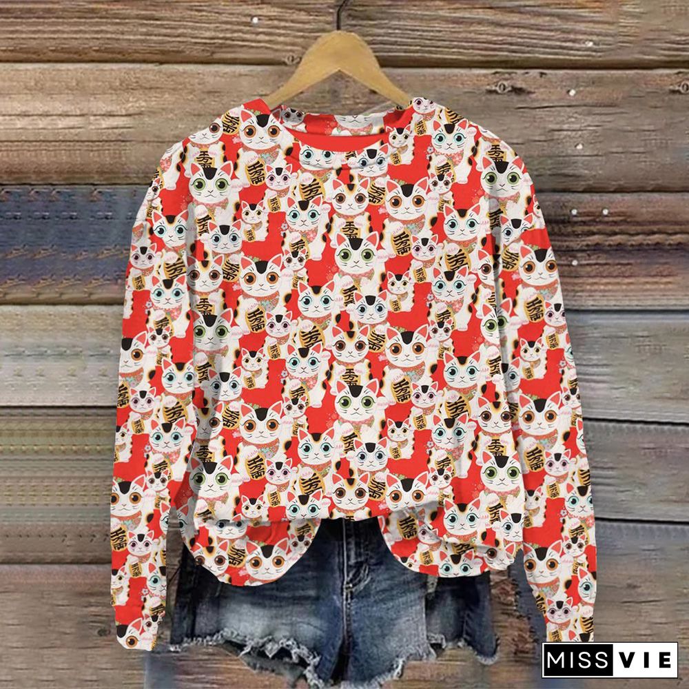 Japanese Red Lucky Cat Print Crew Neck Sweatshirt