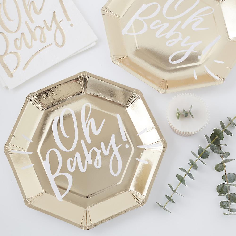 Baby Shower Paper Plates  | Oh Baby! Gold Gender Reveal Party Unisex x8