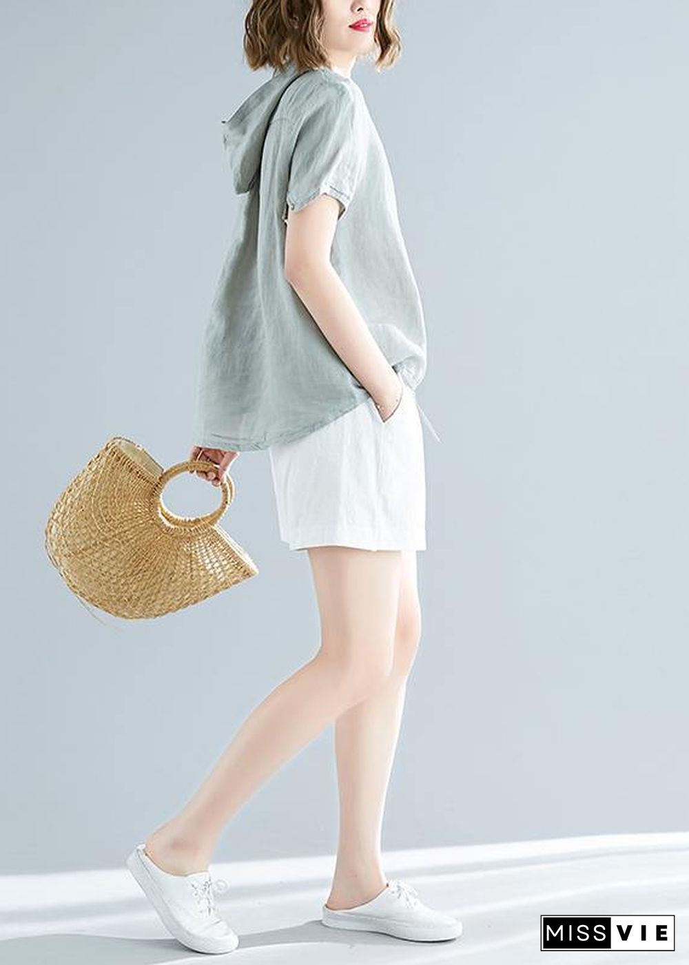 Modern hooded linen shirts women Fitted Sewing light green Dresses top Summer