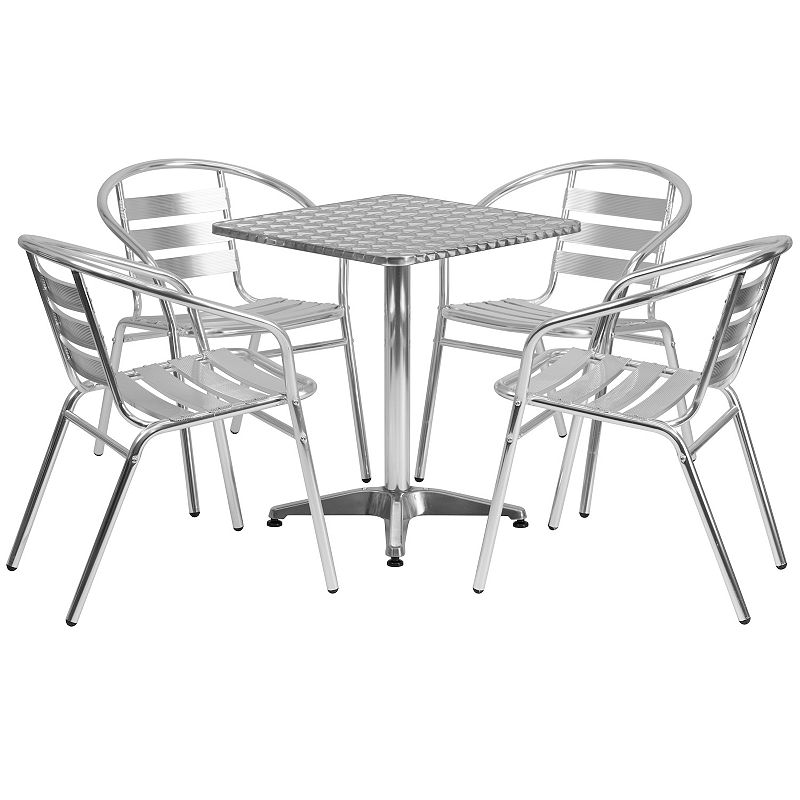 Emma and Oliver 23.5 Square Aluminum Table Set with 4 Slat Back Chairs