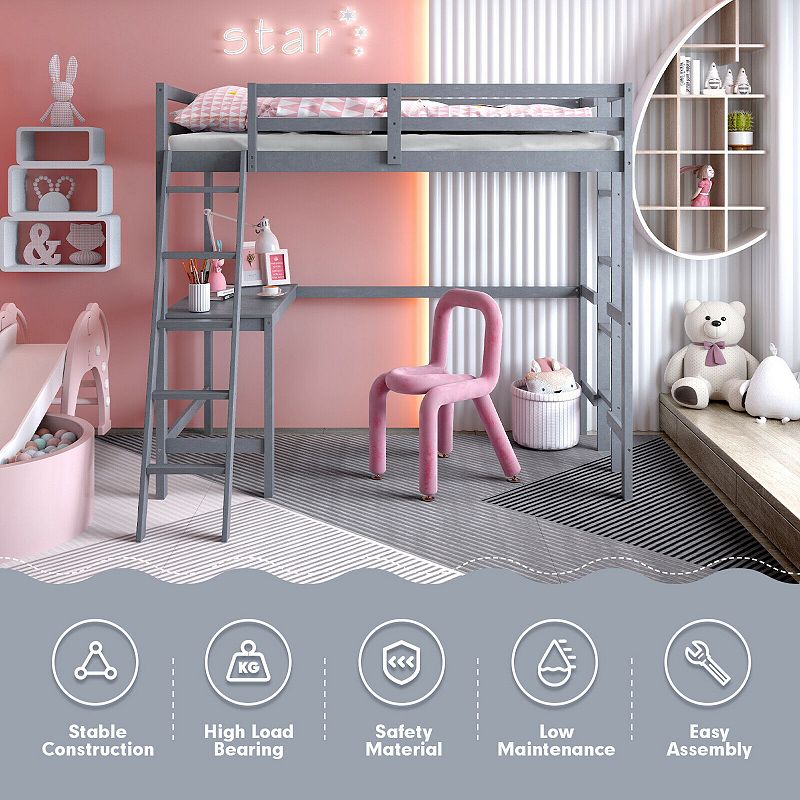 Twin Size Loft Bed Frame with Desk Angled and Built-in Ladder