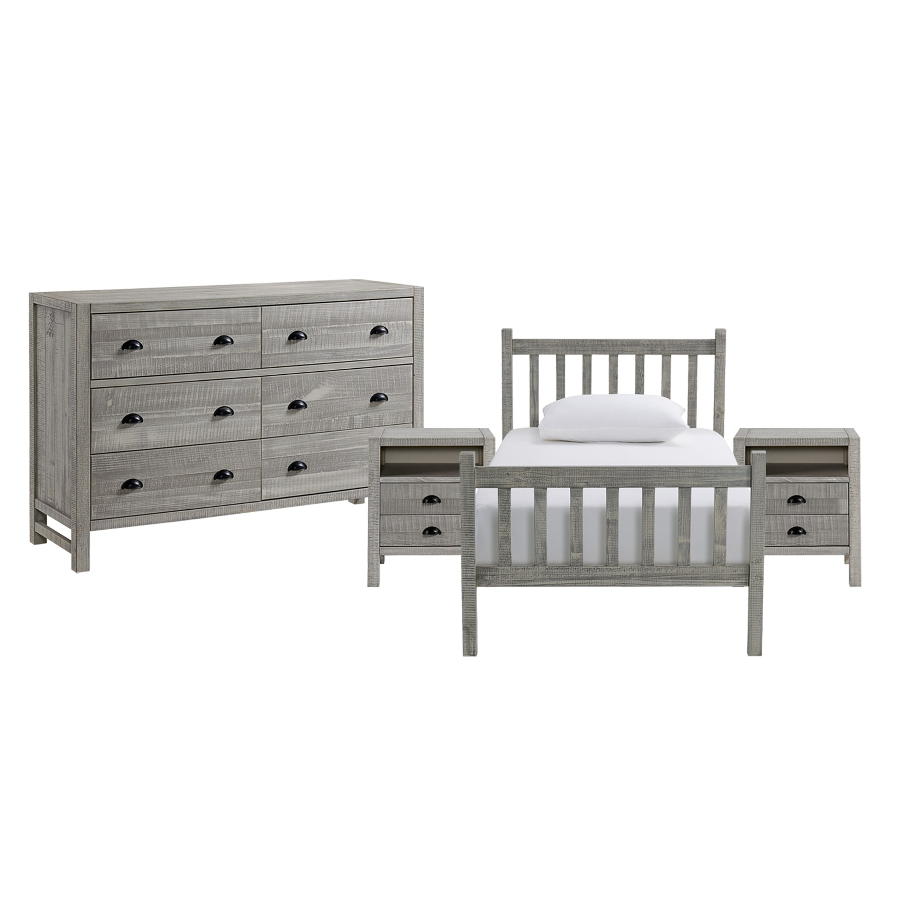 Windsor 4-Piece Wood Bedroom Set with Slat Twin Bed， 2 Nightstands and 6-Drawer Dresser - - 35999245