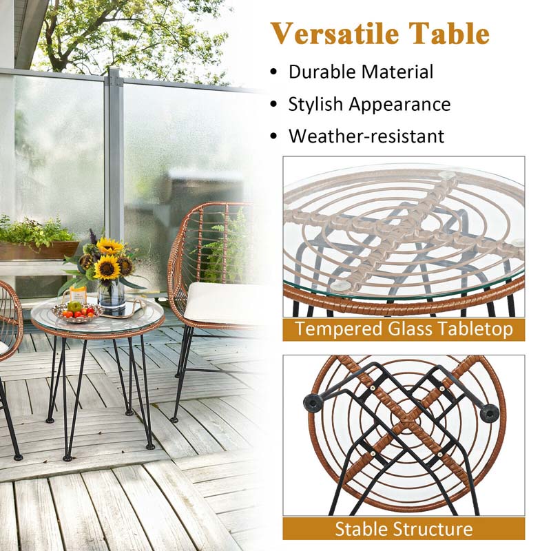 3 Pcs Patio Conversation Bistro Set Outdoor Rattan Furniture Set with Round Table & 2 Rattan Cushioned Armchairs