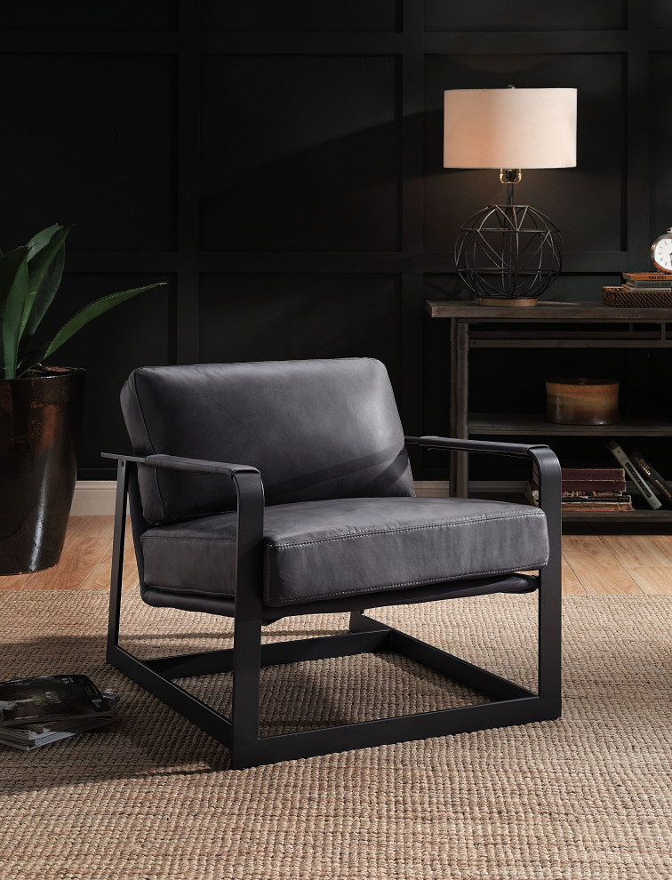 Acme Locnos Accent Chair Gray Top Grain Leather and Black Finish   Industrial   Armchairs And Accent Chairs   by AMOC  Houzz