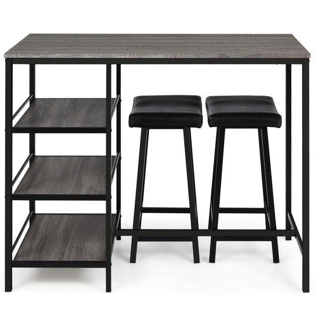 Tangkula 3pc Dining Table Set Pub Bar Table Set 3 Tier Storage Shelves With 2 Pub Stools Upholstered