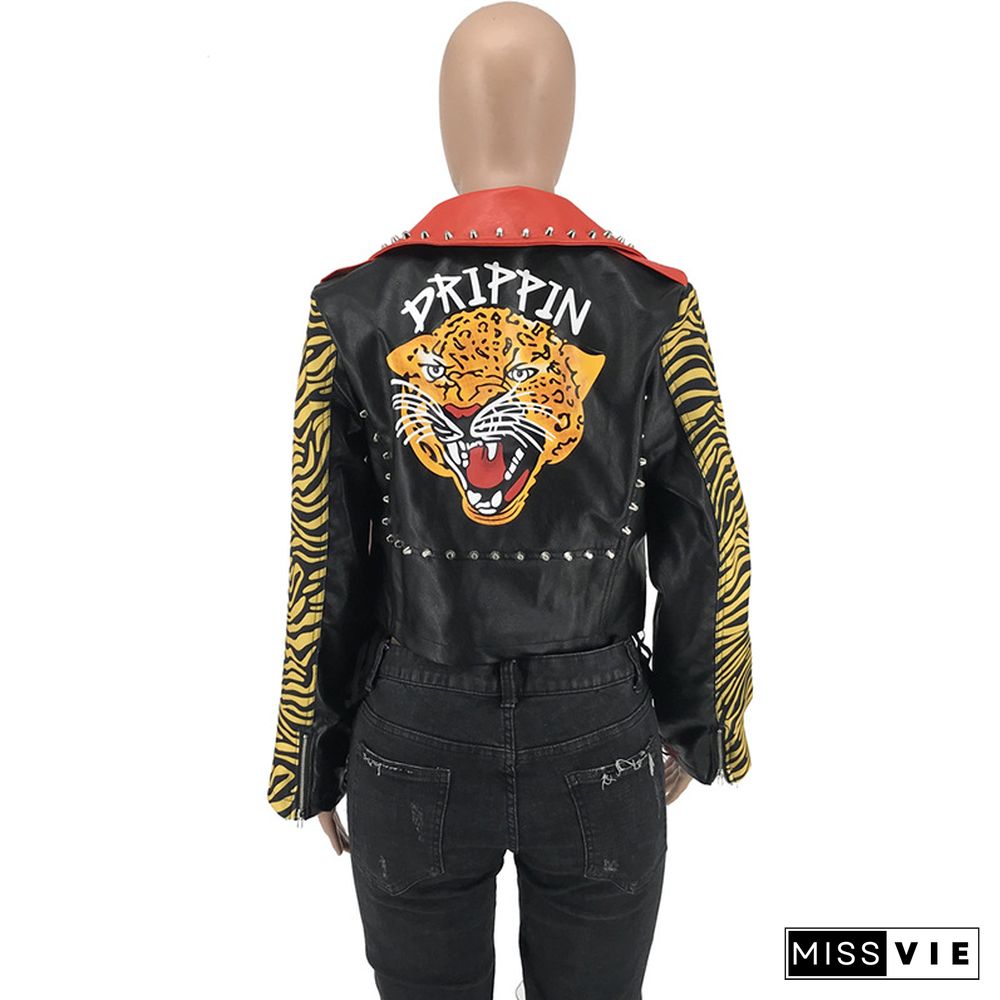 Fashion Tiger Prints Nail Bead Leather Jacket